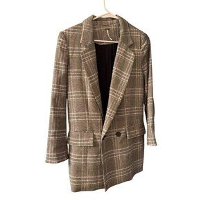 Free People Plaid Blazer Jacket‎ XS Gray Black Double-Breasted Women Oversized